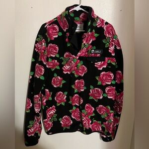 GNARLY Classic Rose Printed Quarter Button Fleece Sweatshirt Oversized Size M